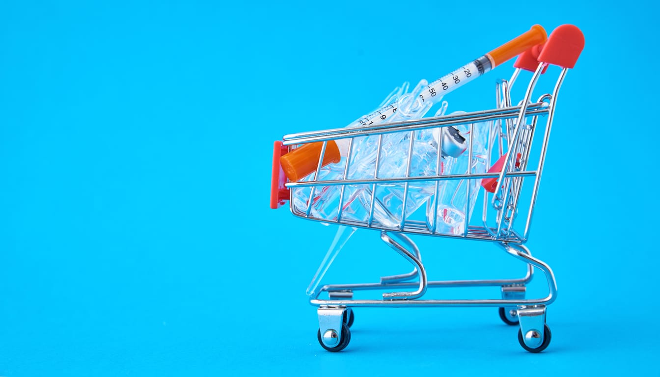 Miniature shopping trolley filled with glass vials and a syringe