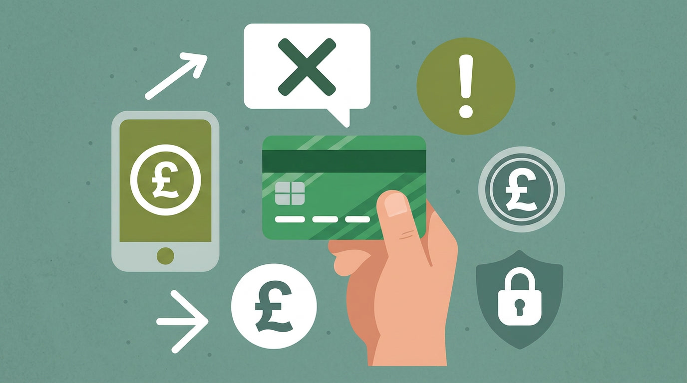 Illustration of a hand holding a bank card surrounded by pound-sign coins, a dispute message, a warning sign and a padlock