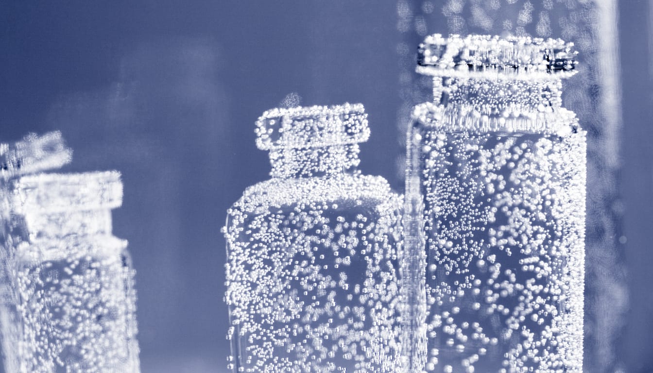Glass vials with bubbling liquid under blue light