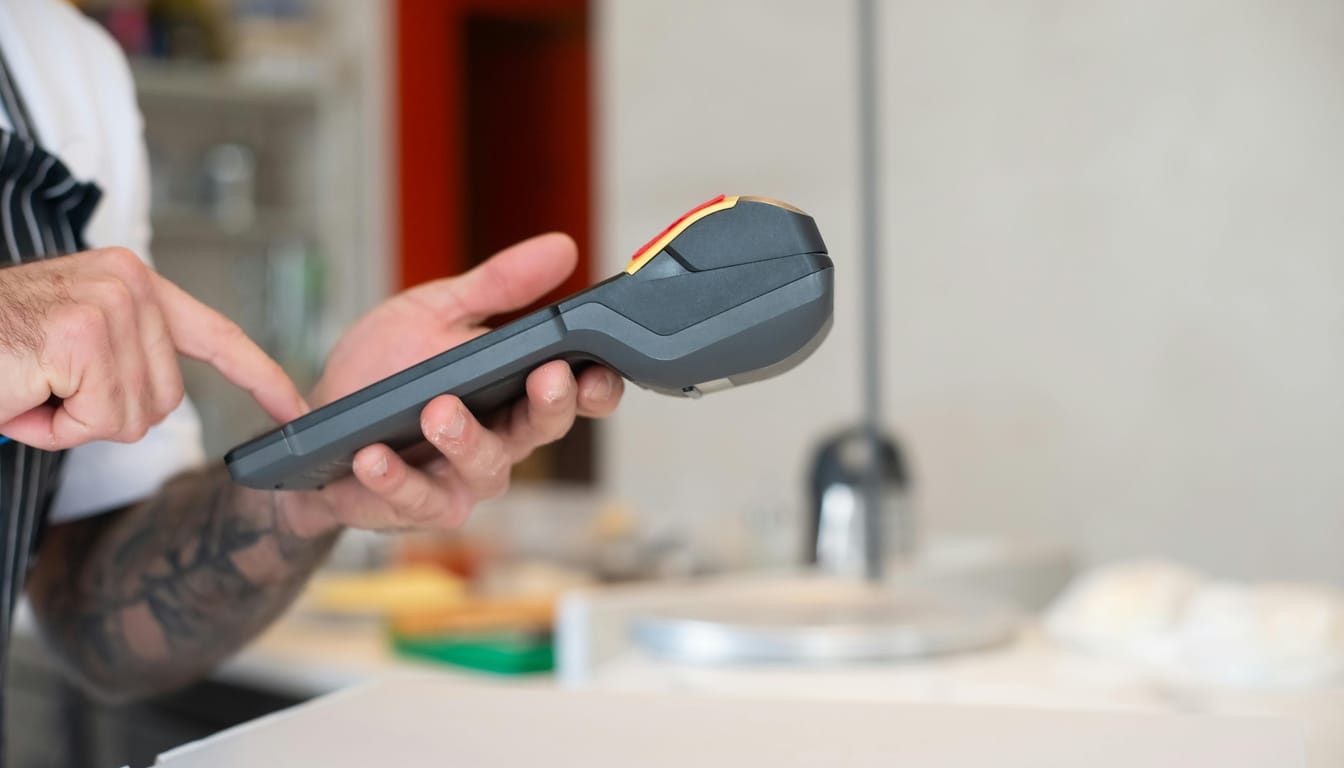 A hospitality worker in an apron taking a payment on a handheld card terminal at the counter