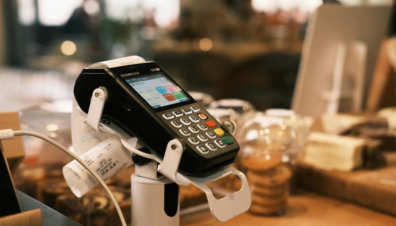 A card payment terminal on a cafe counter printing a receipt