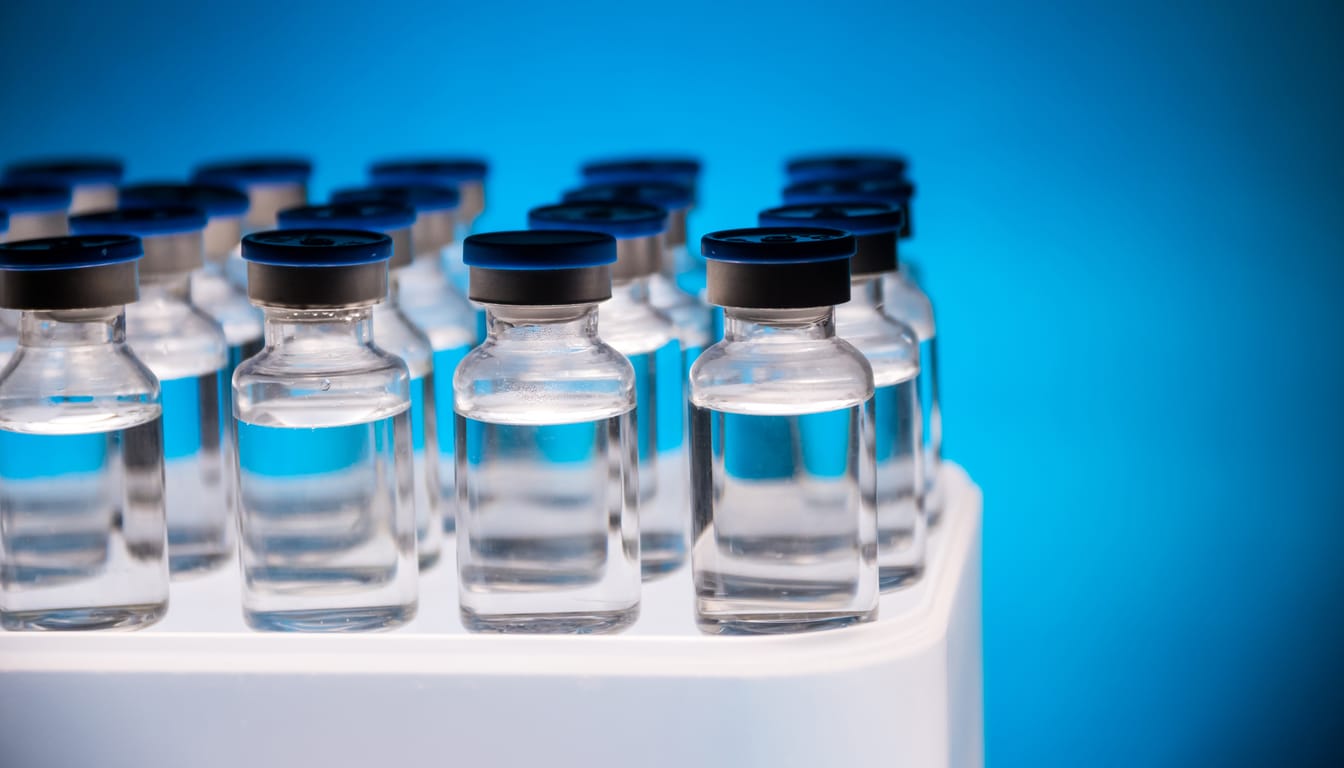 Rows of sealed glass vials in a white rack against a blue background, representing the peptide products covered by UK medicines law