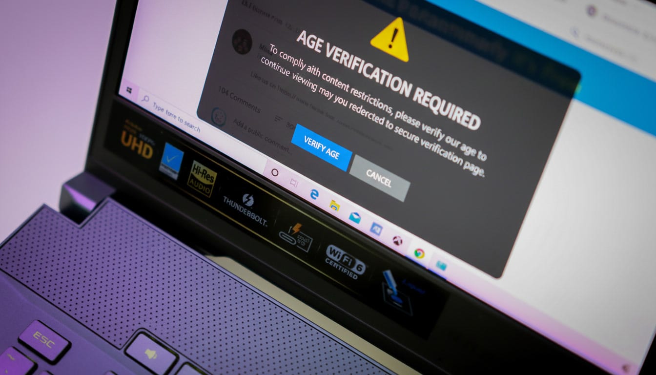 A laptop screen showing an age verification error message blocking access under the UK Online Safety Act