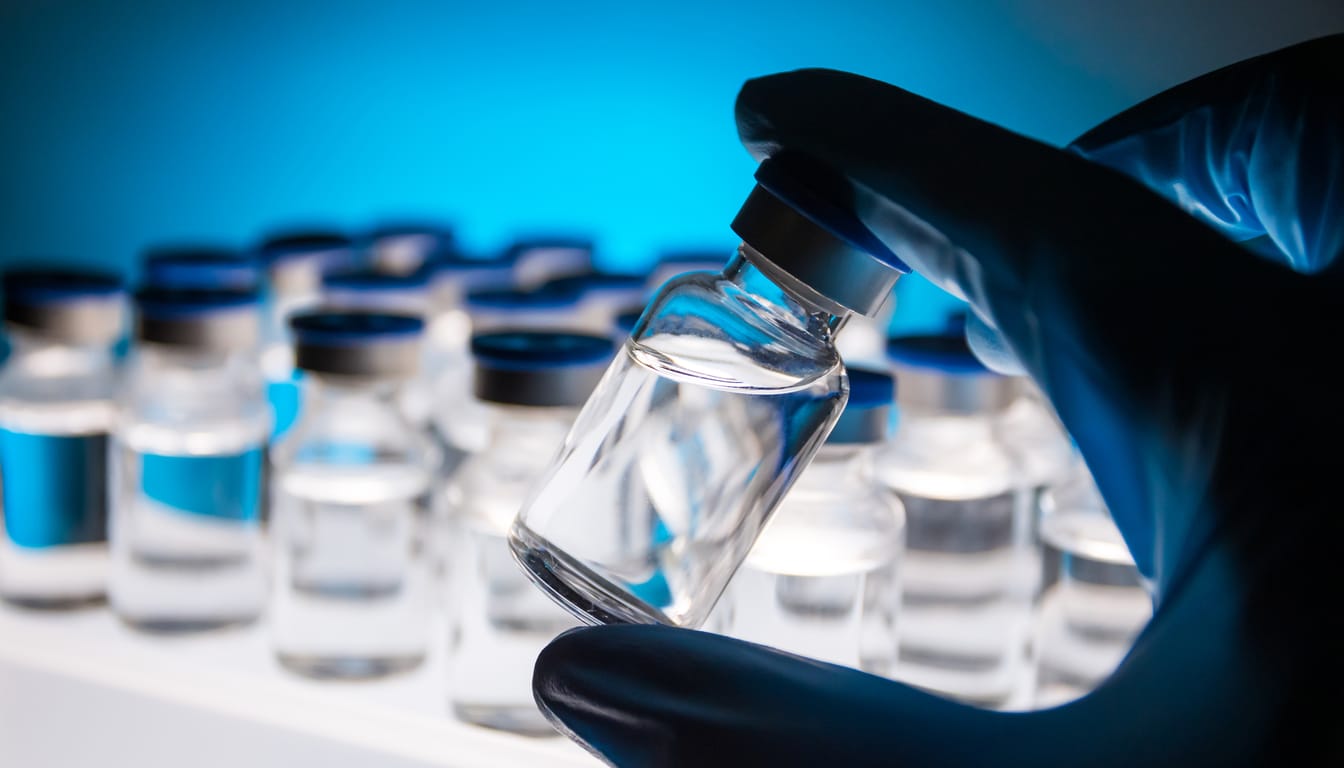 Gloved hand holding a glass vial in a laboratory